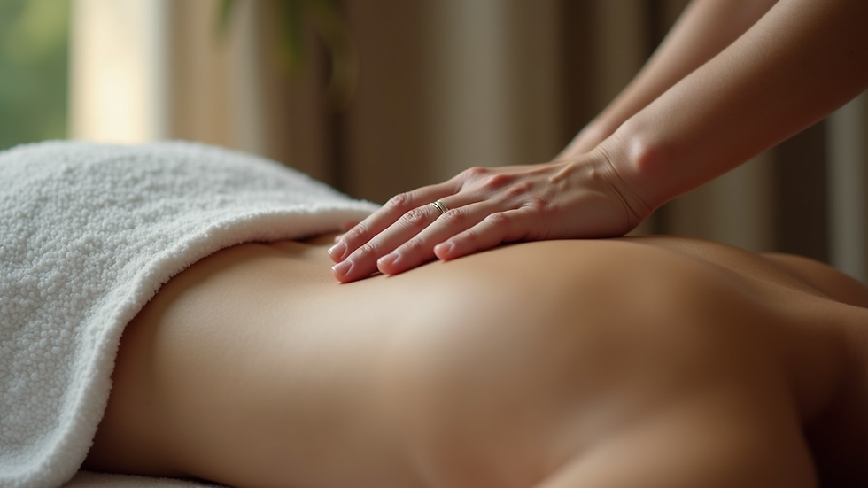Close-up view of a therapist’s hands gently pressing along a client’s back during Thai yoga massage