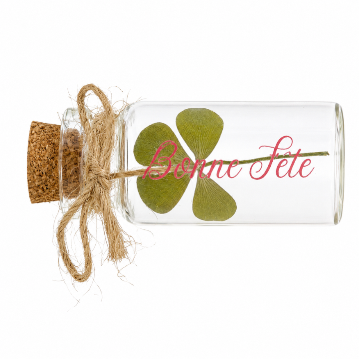 Thumbnail: "Festive little vial with a four-leaf clover, symbol of good fortune."