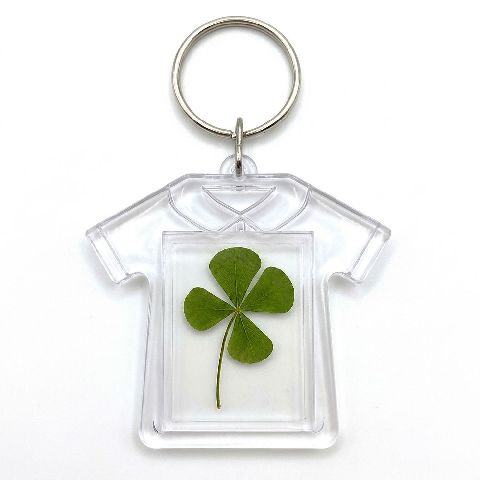 Porte-clés maillot transparent avec trèfle à quatre feuilles vert sur fond blanc.
