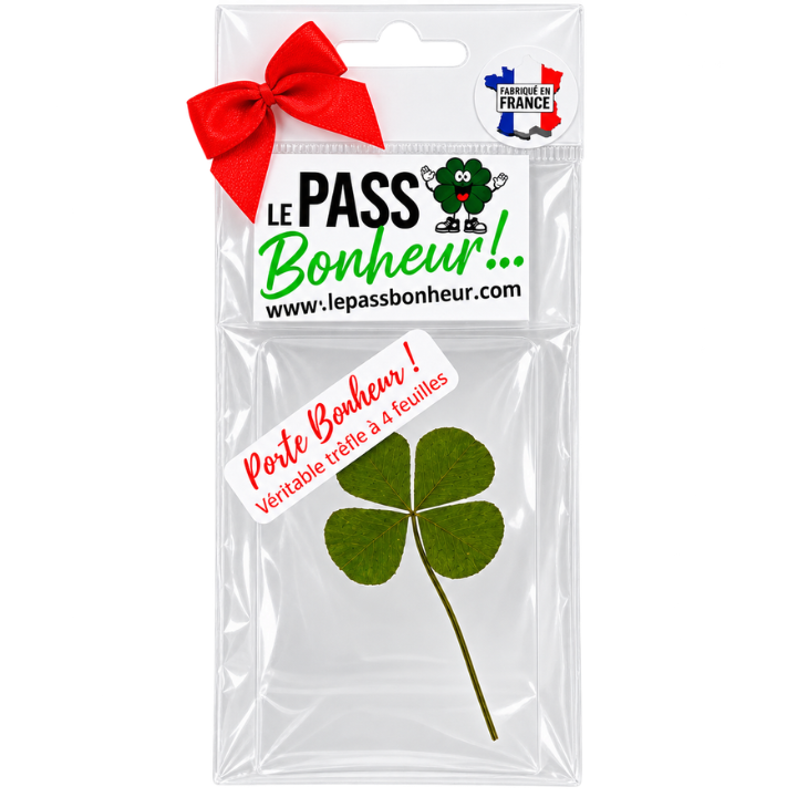 Véritable trèfle à 4 feuilles naturel présenté dans son sachet transparent Le Pass Bonheur, porte-bonheur fabriqué en France.