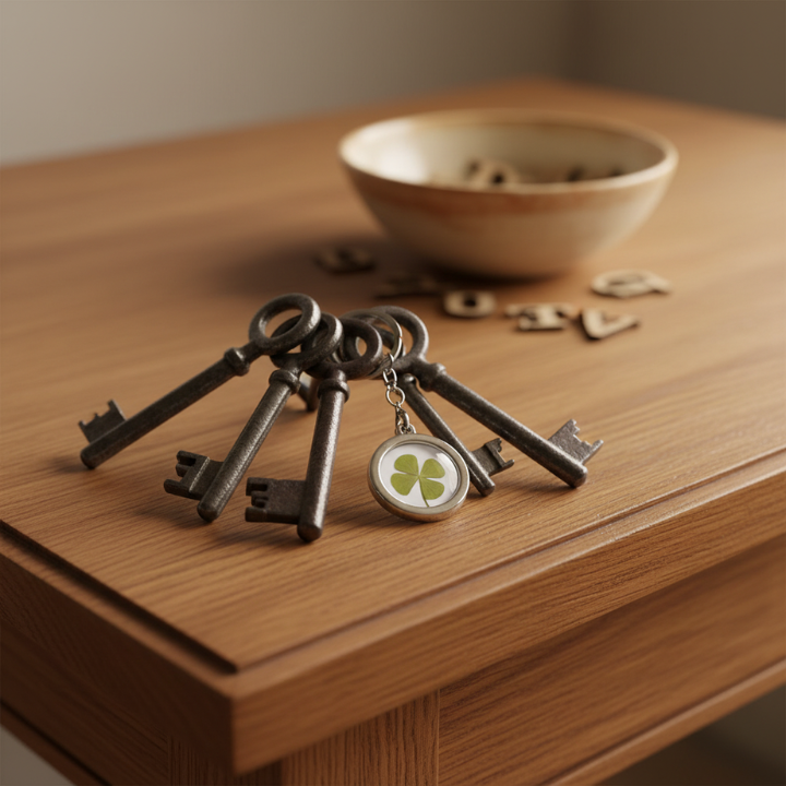 Miniature : Talisman de Protection et de Chance : Porte-Clé avec Trèfle à Quatre Feuilles Conservé – Cadeau pour Voyageurs ou Étudiants