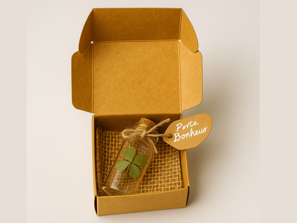 Fiole magique avec trèfle authentique – présentation élégante dans boîte kraft.