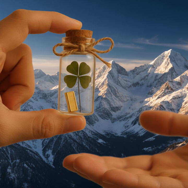 Thumbnail: Porte-Bonheur pour l'Aventure : Fiole de Chance et Richesse Transmise avec en Arrière-Plan des Montagnes Majestueuses et Enn