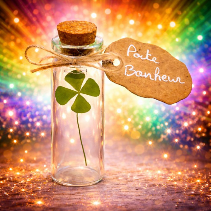 Miniature : Trèfle à quatre feuilles en fiole, étiquette “Porte Bonheur”, fond lumineux multicolore et dynamique.