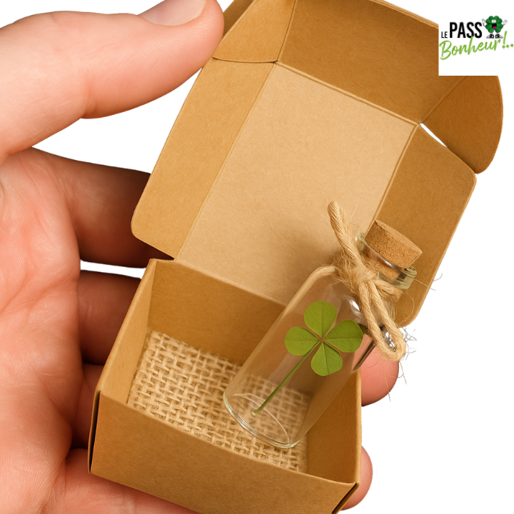Thumbnail: Un porte-bonheur raffiné à offrir : trèfle en fiole dans un coffret nature.