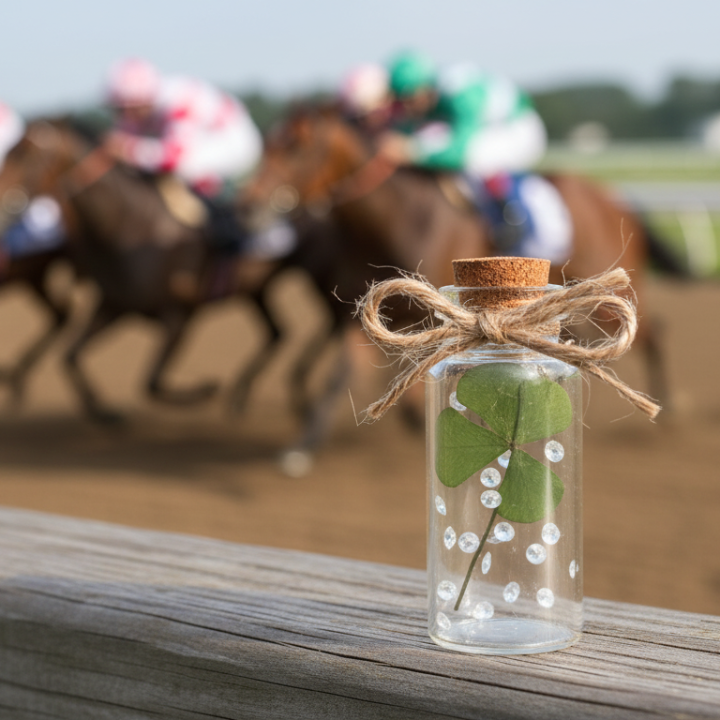 La fiole repose sur la balustrade en bois d'un hippodrome. Des chevaux de course et leurs jockeys sont flous en pleine action