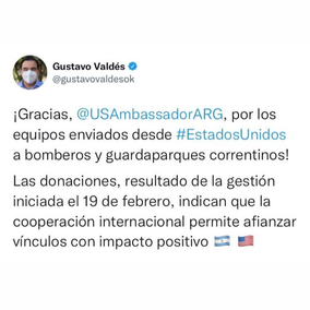 El gobernador Valdés anunció que llegó a Corrientes la colaboración que solicitó a Estados Unidos