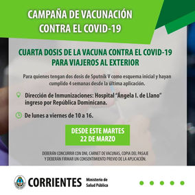 La Provincia aplicará la cuarta dosis de la vacuna contra el Covid-19 a los que viajen al exterior