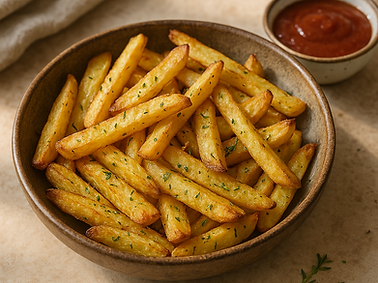 A realistic and appetizing image of homemade air fryer chips (fries) served in a rustic bo