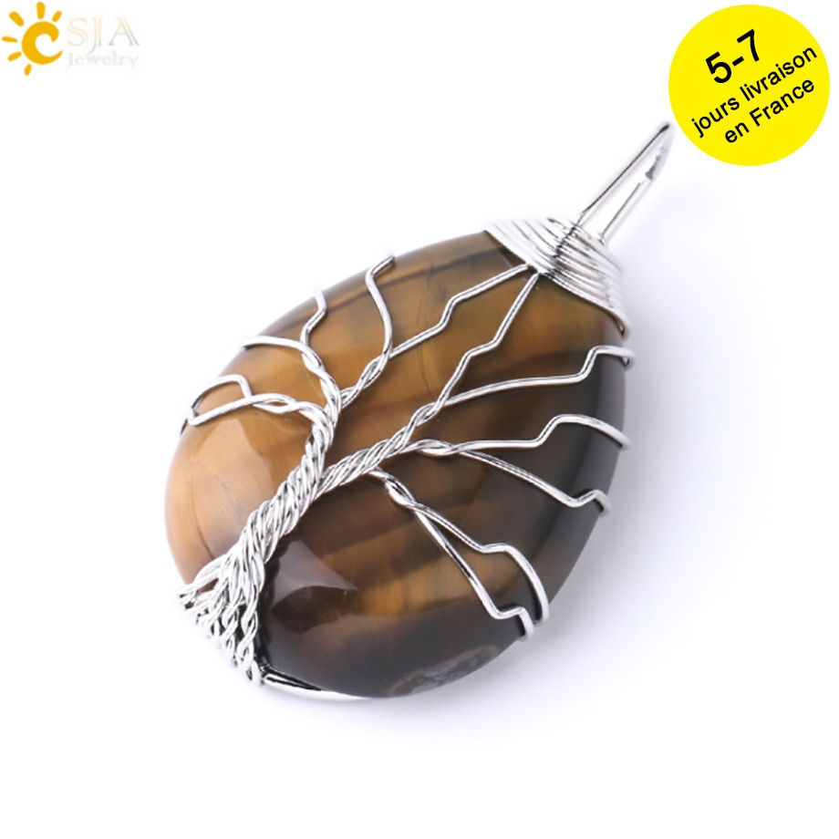 Thumbnail: Tiger Eye Tree of Life Crystal Necklace Natural Stone Pendant Wire Wrap Crystals