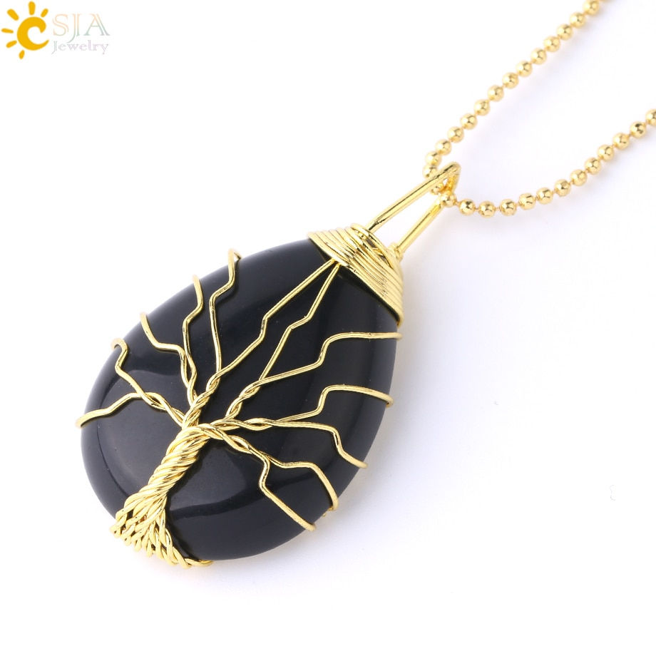 Thumbnail: Tiger Eye Tree of Life Crystal Necklace Natural Stone Pendant Wire Wrap Crystals
