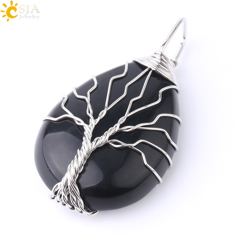 Thumbnail: Tiger Eye Tree of Life Crystal Necklace Natural Stone Pendant Wire Wrap Crystals