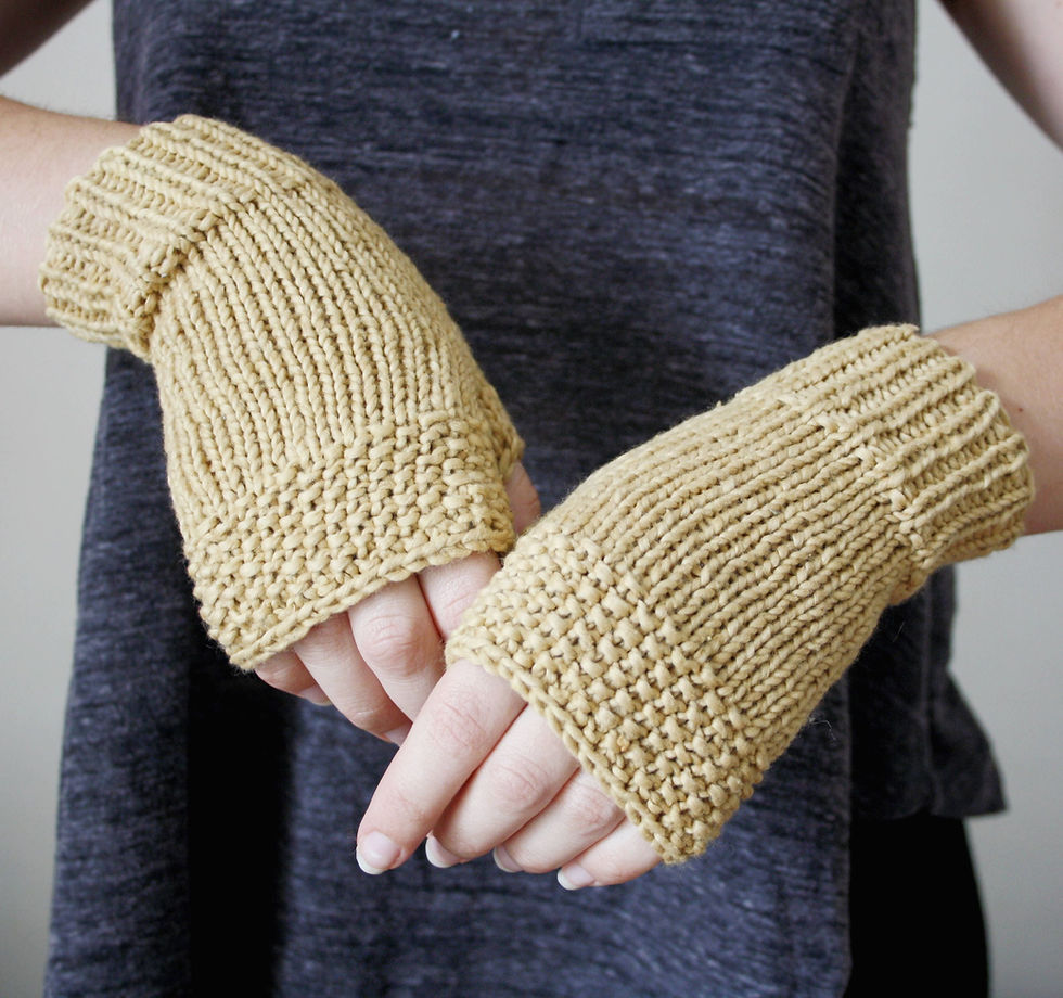 Thumbnail: Vegan Gloves | Organic Cotton Fingerless Gloves | Handknit in Soft Mustard - Ve