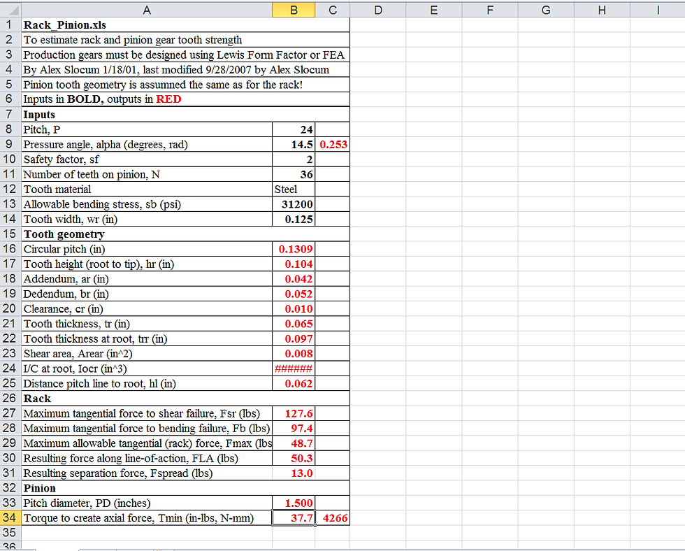 Rack and Pinion Spreadsheet