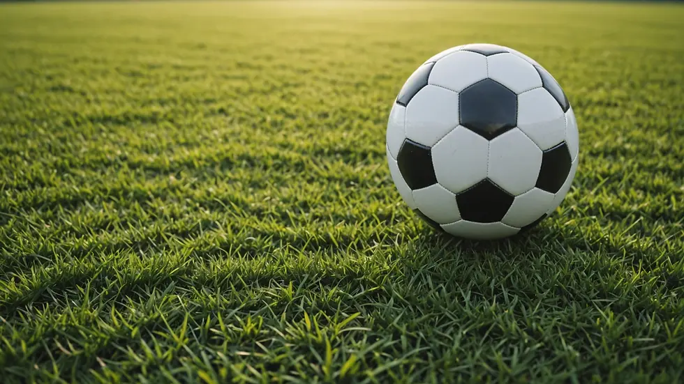 Eye-level view of a soccer ball on grass field ready for striking
