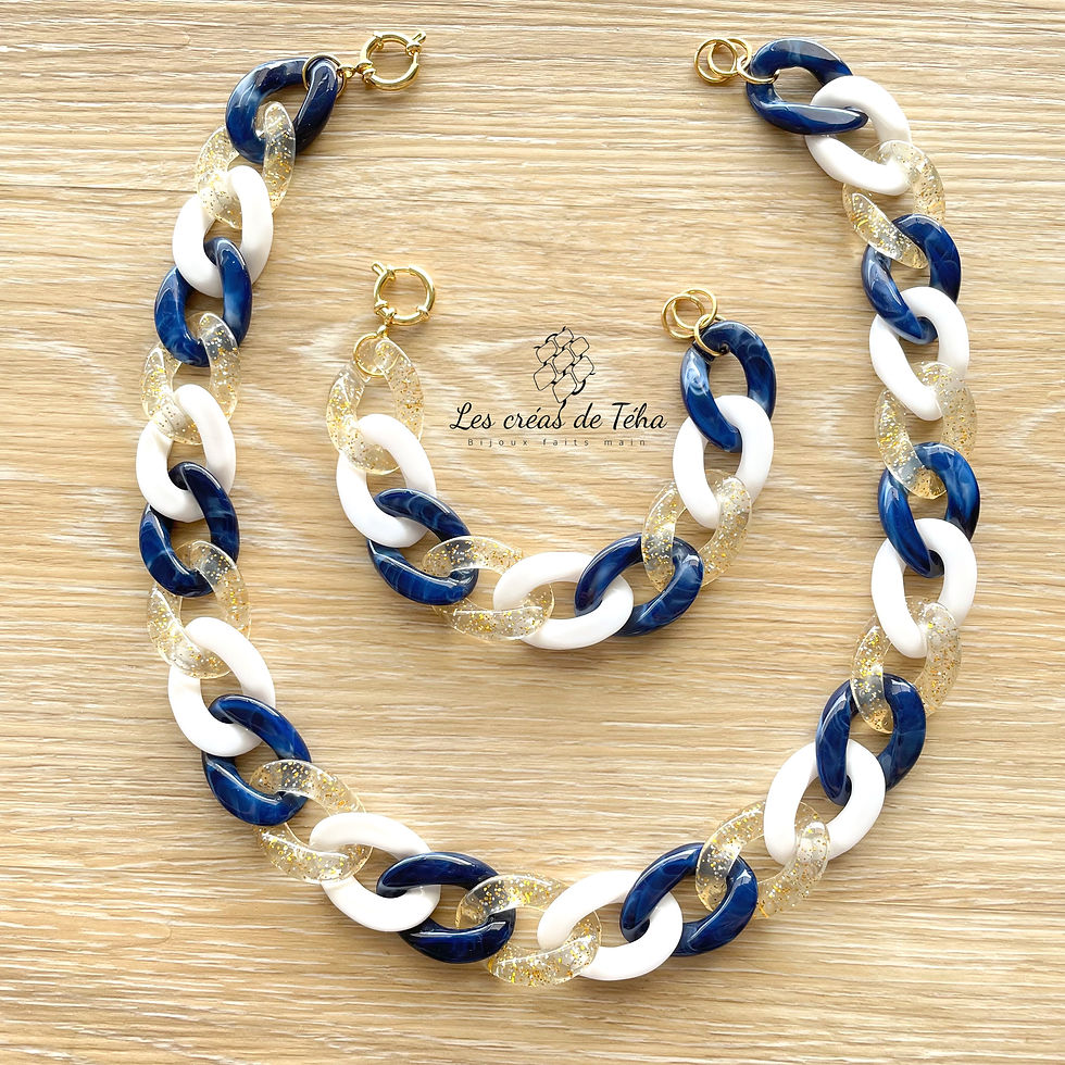Collier et bracelet bleu et blanc, Les créas de Téha