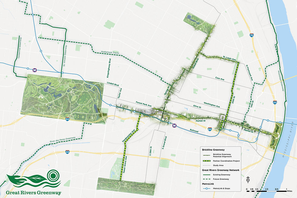 A map showing green routes across the City of St. Louis.