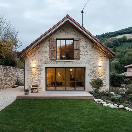 Maison ancienne en pierre rénovée avec menuiseries modernes et éclairage extérieur dans l’Ain, par un maître d’œuvre