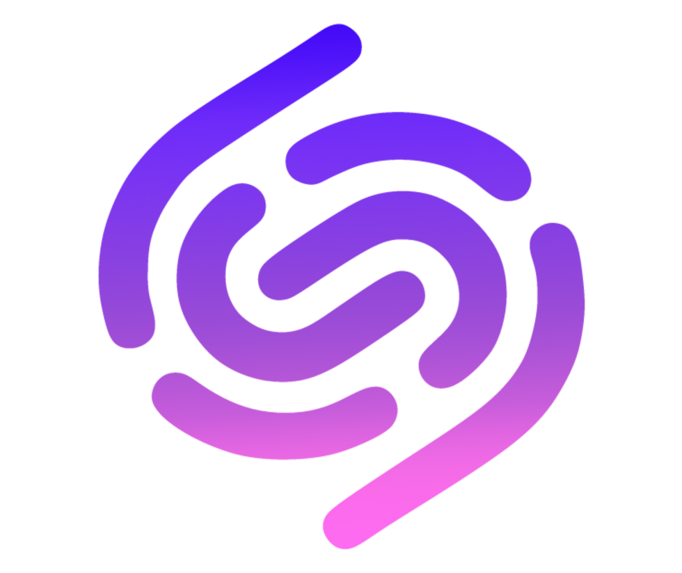 Abstract purple and pink spiral logo on black background