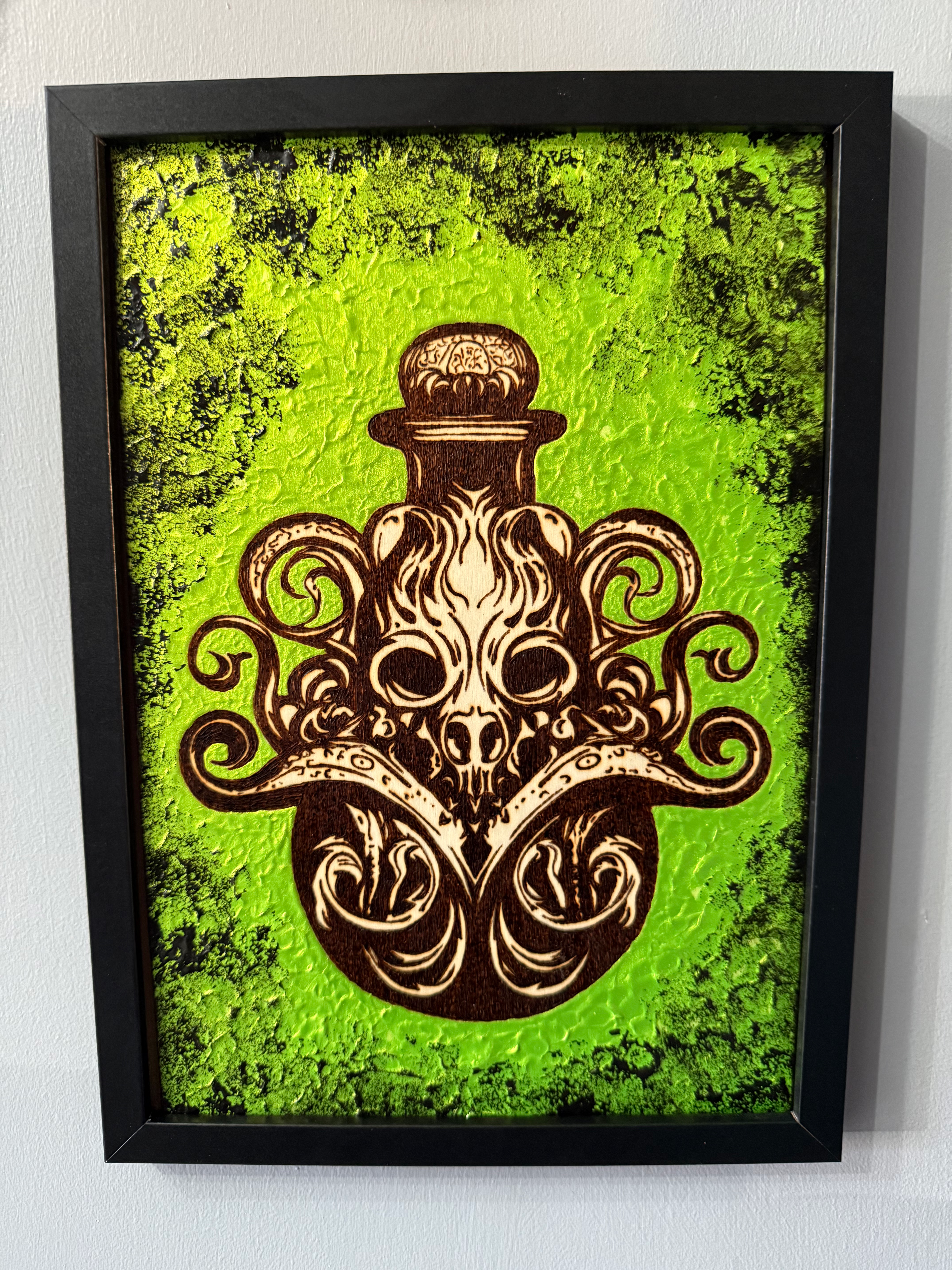 Framed Wood Burning /Painting Kraken Bottle, wall decor, framed picture