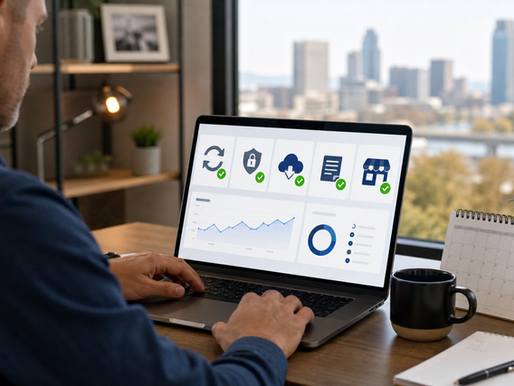 Business owner reviewing a website maintenance dashboard with update and security icons