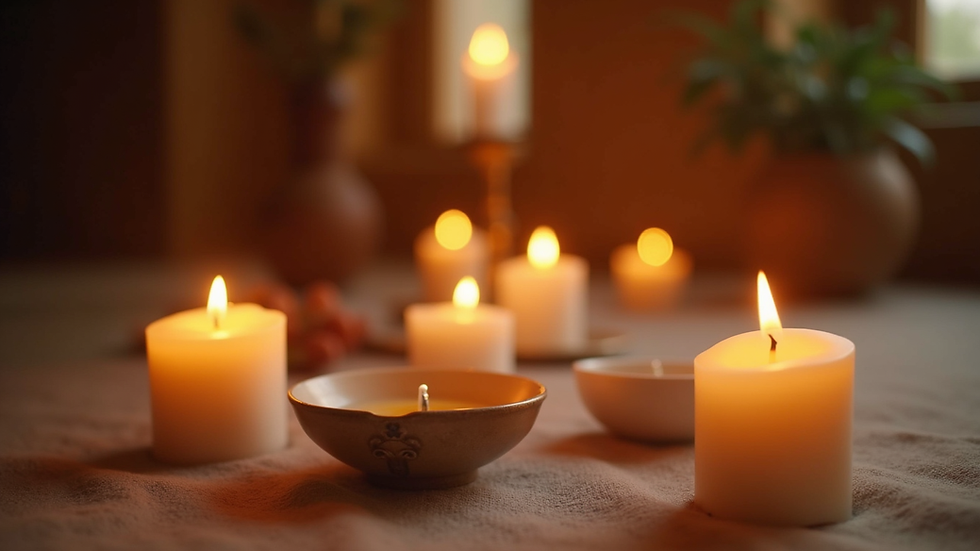 Eye-level view of a serene room with candles and spiritual tools