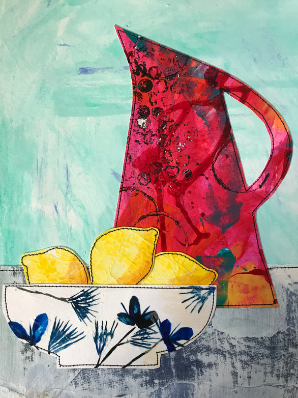 colourful collage of a jug and a blue and white china bowl containing lemons