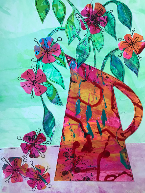 Colourful collage of a jug with fantasy flowers cascading