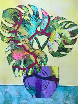 semi abstract collage of a monstera plant in a pot