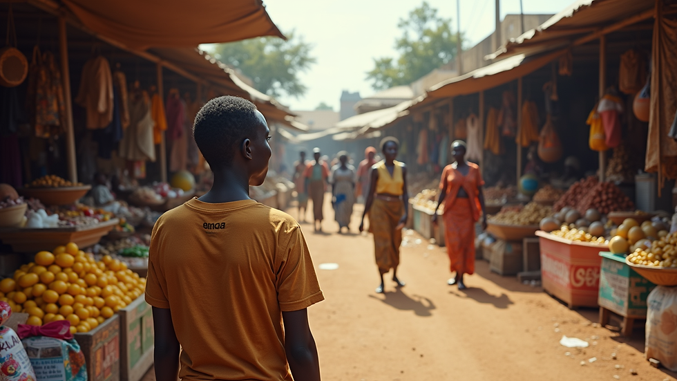 Wide angle view of a bustling African market with vibrant local goods