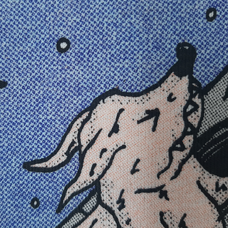 Nahaufnahme des Motivs – Tiere in der Rakete. Die Farben leuchten im Detail, gedruckt mit wasserbasiertem Siebdruck
