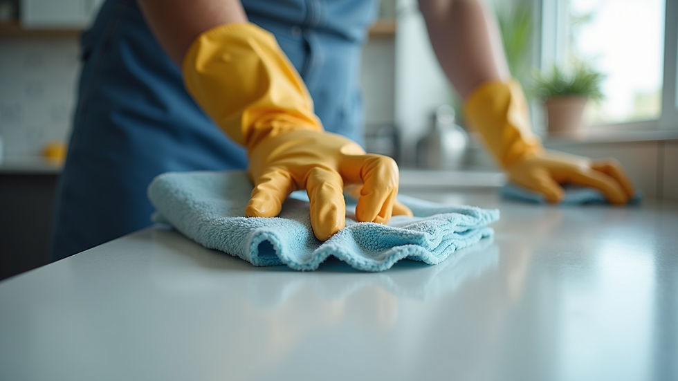Close-up view of a professional cleaner using a microfiber cloth on a kitchen counter