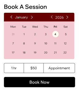 Booking calendar interface showing January 2026 with session options for 1 hour at $50 and a Book Now button