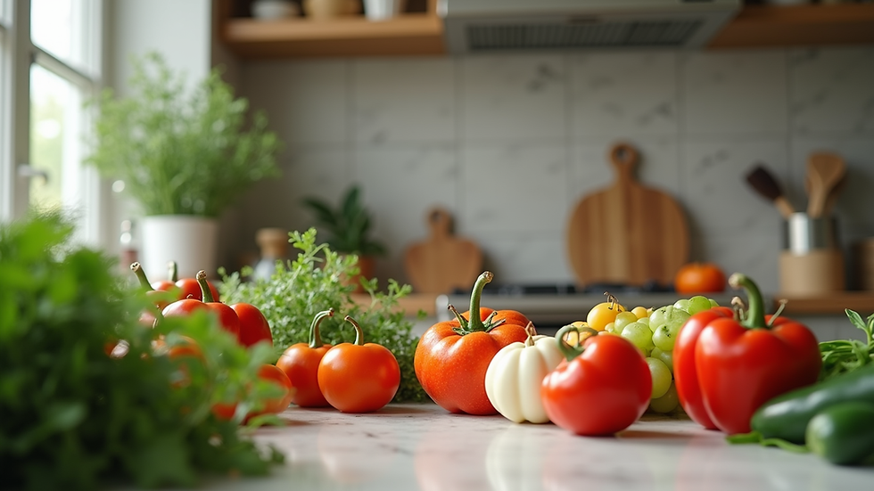 Eye-level view of a kitchen counter with fresh vegetables and fruits