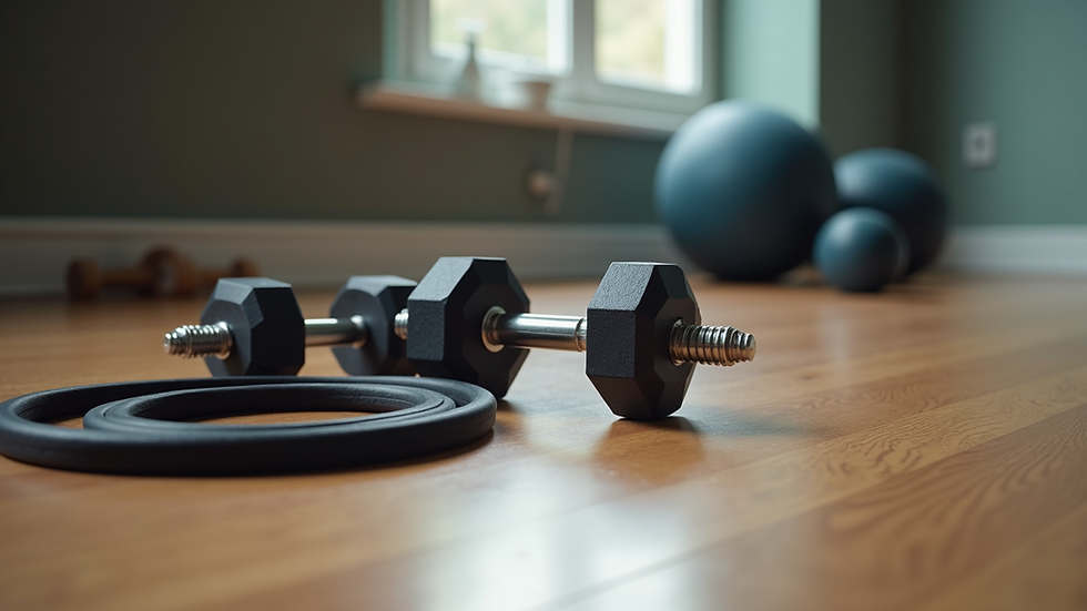Close-up view of resistance bands and dumbbells on a wooden floor