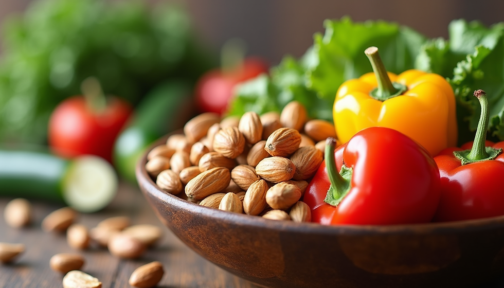 Nuts, peppers and lettuce in a brown bowl