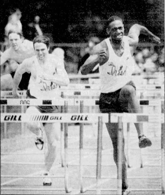 Todd Matthews of Notre Dame wins the 110 High Hurdles at the county meet 1997
