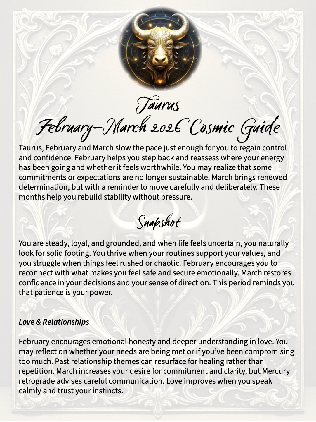 Taurus February - March 2026 Cosmic Guide