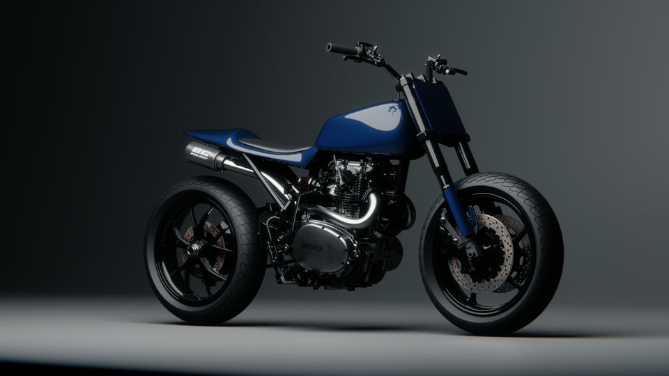 3D render of motorcycle, Blue version of XS650 flat tracker