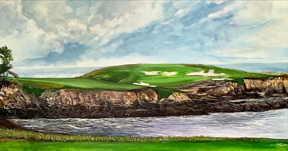 a painting of a golf course with a body of water in the foreground