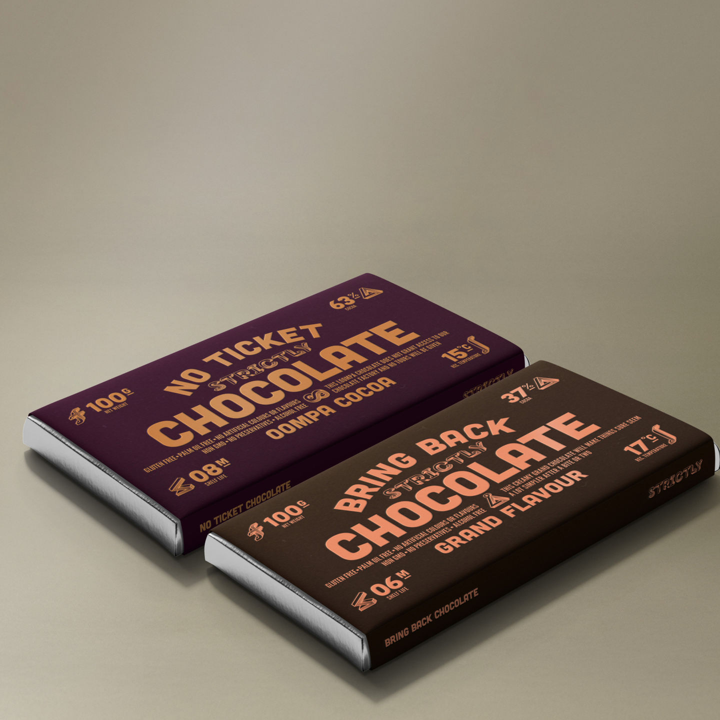 2 bars of Strictly Chocolate, one is milk choc and the other dark