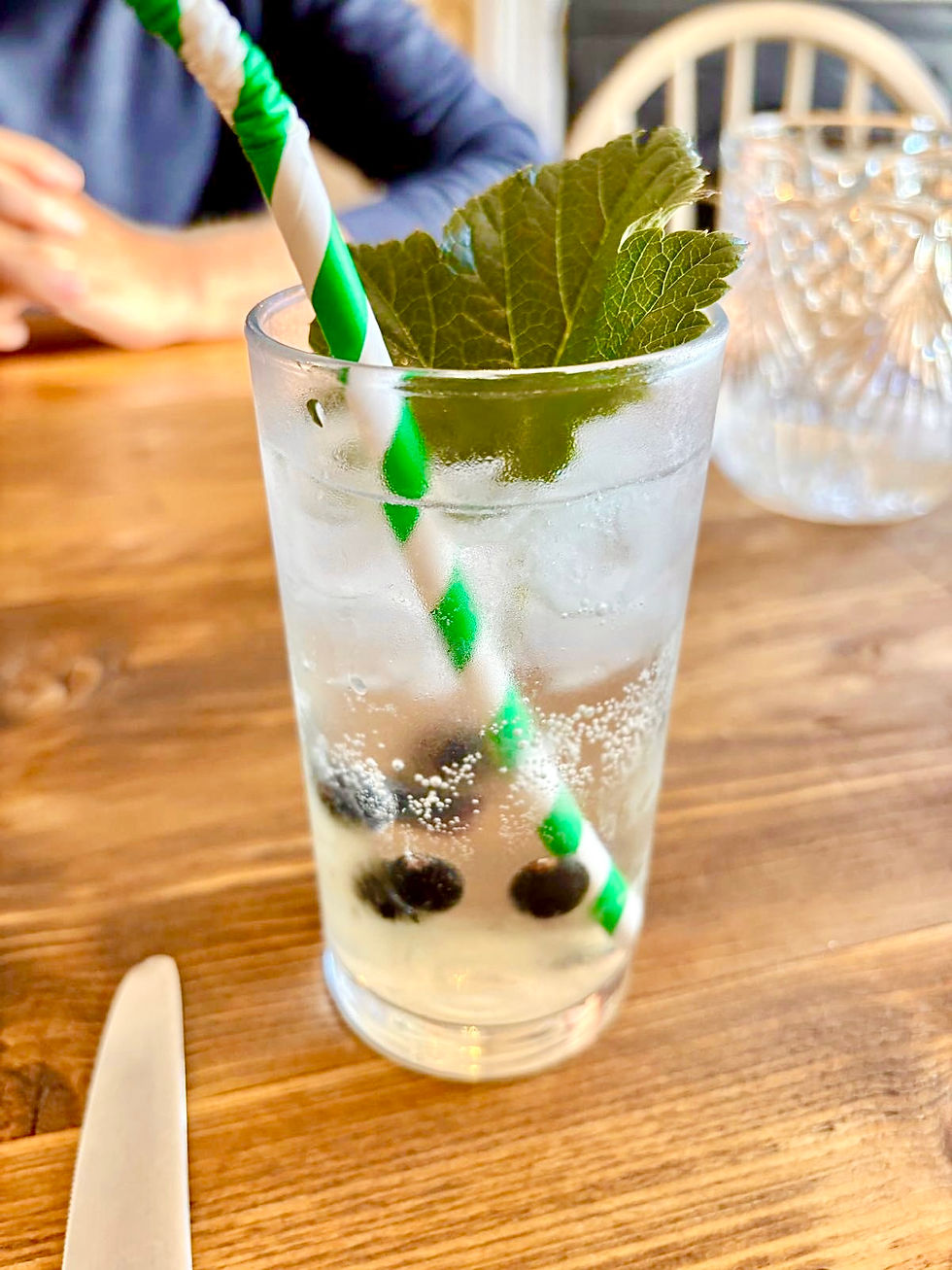 Gin cocktail with homemade blackcurrant leaf syrup served as aperitif