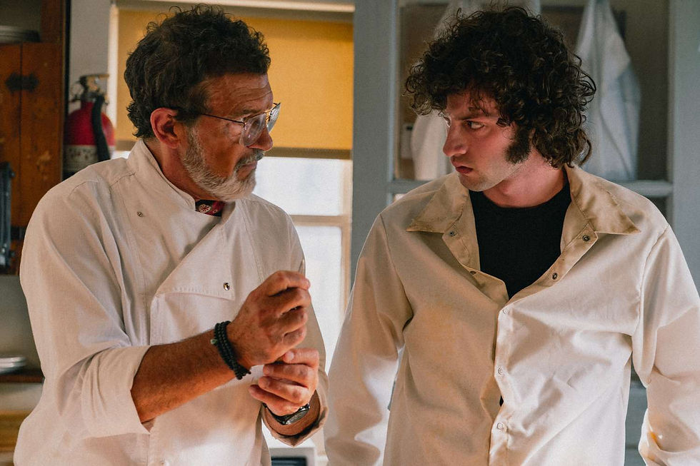 Kitchen scene with a young Anthony Bourdain (Dominic Sessa) and Antonio Banderas