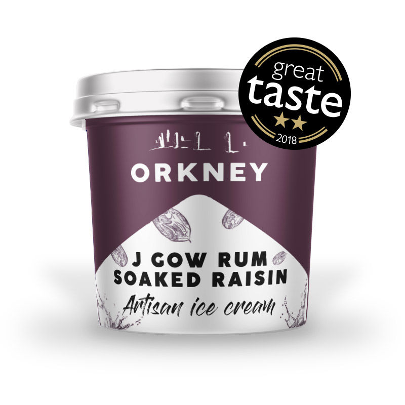 J Gow rum-soaked raisin ice cream in a purple and white tub with the great taste 2-star stamp