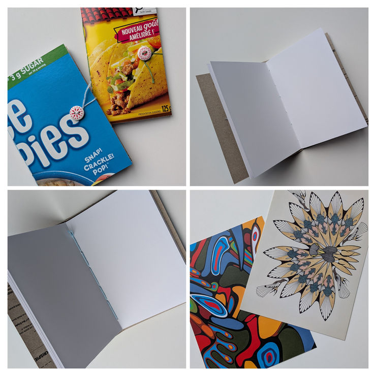 The image shows hands creating a handmade book with paper and thread in a creative studio environment.