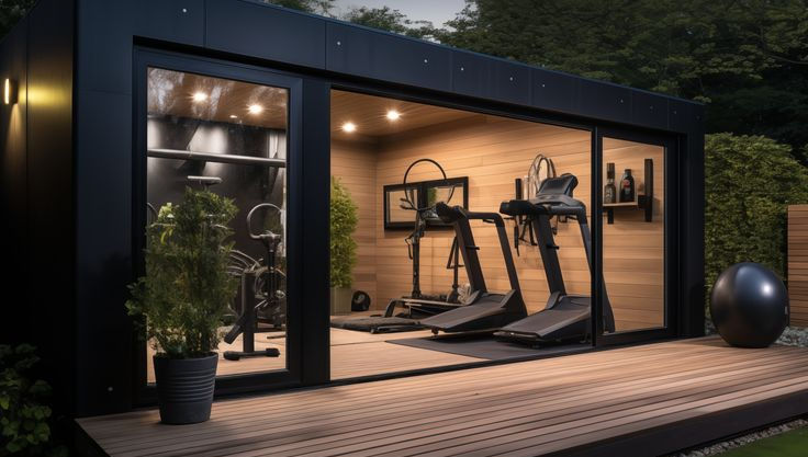 Garden room gym with decking showing treadmills, shelving, mirror and downlights