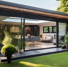 Garden Room Annex with big anthracite sliding doors showing an internal dining area with front decking and plants in surrey