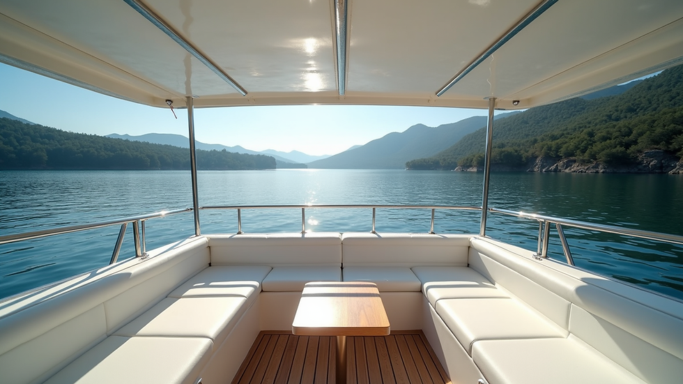 High angle view of a private boat deck with seating and lake view