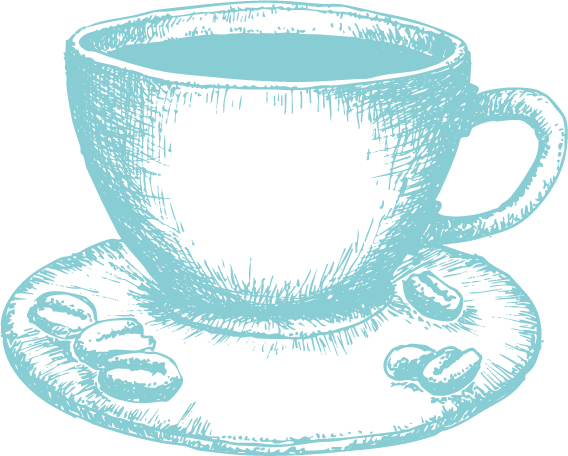 Zeichnung einer Kaffeetasse mit Kaffeebohnen - zarte türkisfarbene Linienzeichnung als charakteristisches Designelement