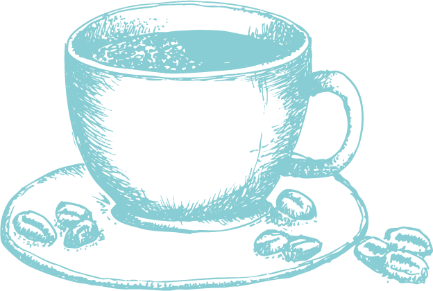 Zeichnung einer Kaffeetasse mit Kaffeebohnen - zarte türkisfarbene Linienzeichnung als charakteristisches Designelement